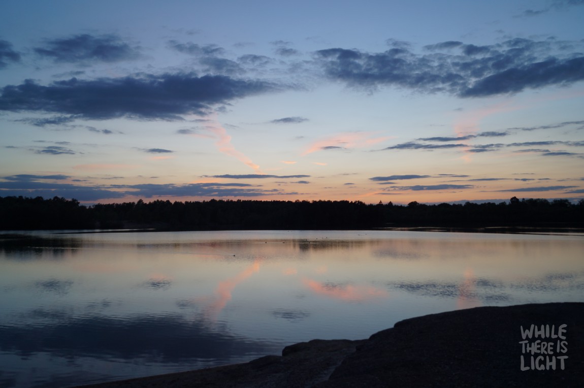 sunset over crystal waters lake, bawsey, king's lynn